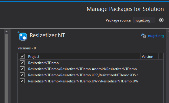 Image illustrant l'installation du package nuget Resizetizer.NT