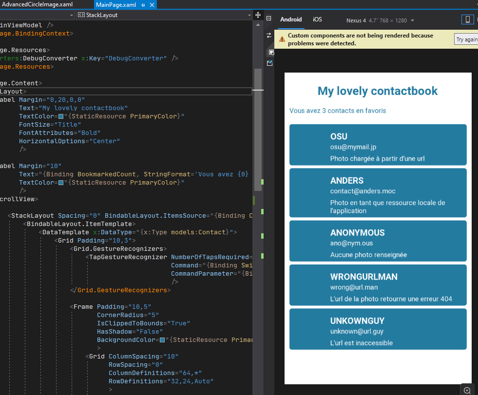 Copie d'écran présentant le previewer Xamarin.Forms, le contrôle personnalisé n'est pas affiché