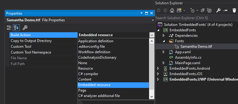 Image illustrant l'affectation du buildaction sur Embedded resource